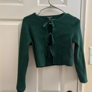 Green Ribbed Tie-Front Sweater